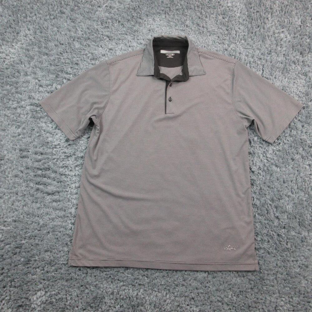 Greg Norman Polo Shirt Mens Medium Gray Play Dry Golf Performance Striped Shark